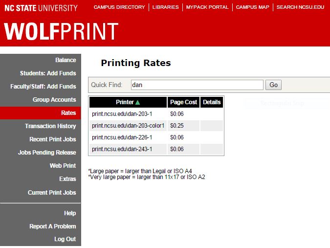 Table of page printing costs