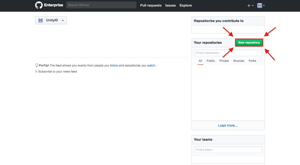 Github home page emphasizing the "New Repository" button